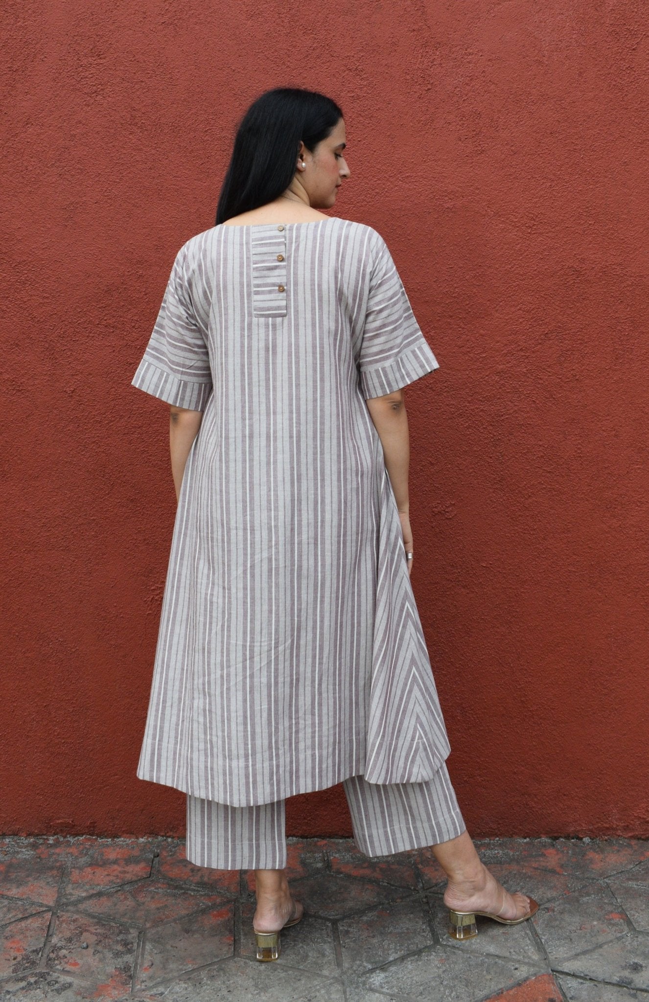 Light Brown Striped Co - Ord Set with A - Line Kurta and Pajama in Handwoven Cotton - CiceroniKurta Set, Everyday WearHouse of Moxa