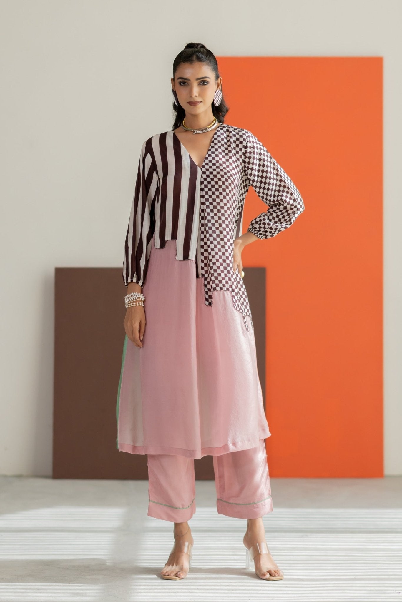 Light Pink and Sea Green Abstract Kurta Set - CiceroniKurta Set, Festive WearTussah