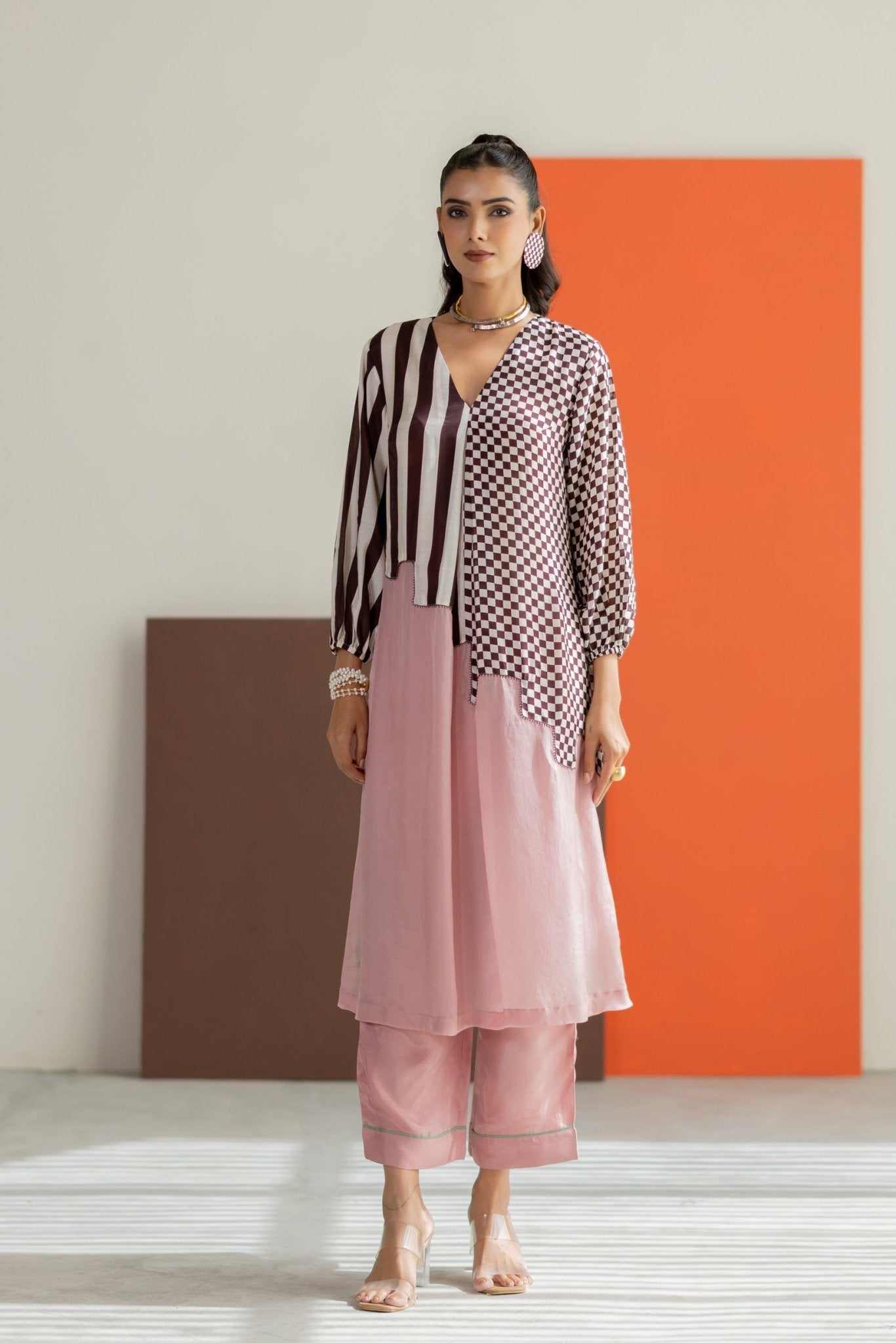 Light Pink and Sea Green Abstract Kurta Set - CiceroniKurta Set, Festive WearTussah