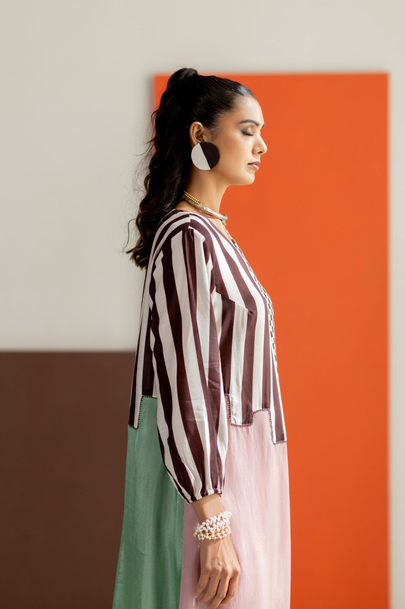 Light Pink and Sea Green Abstract Kurta Set - CiceroniKurta Set, Festive WearTussah