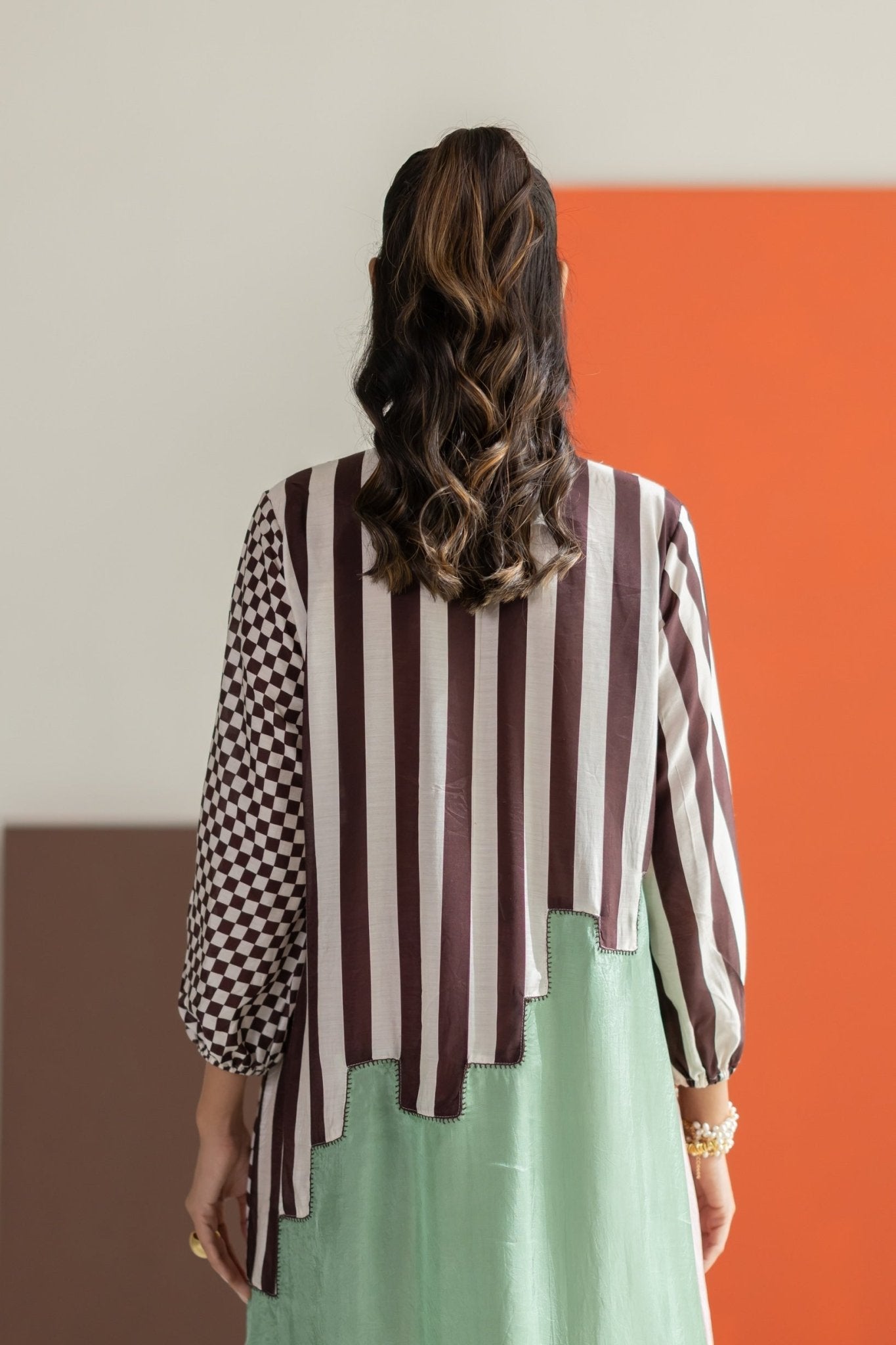 Light Pink and Sea Green Abstract Kurta Set - CiceroniKurta Set, Festive WearTussah