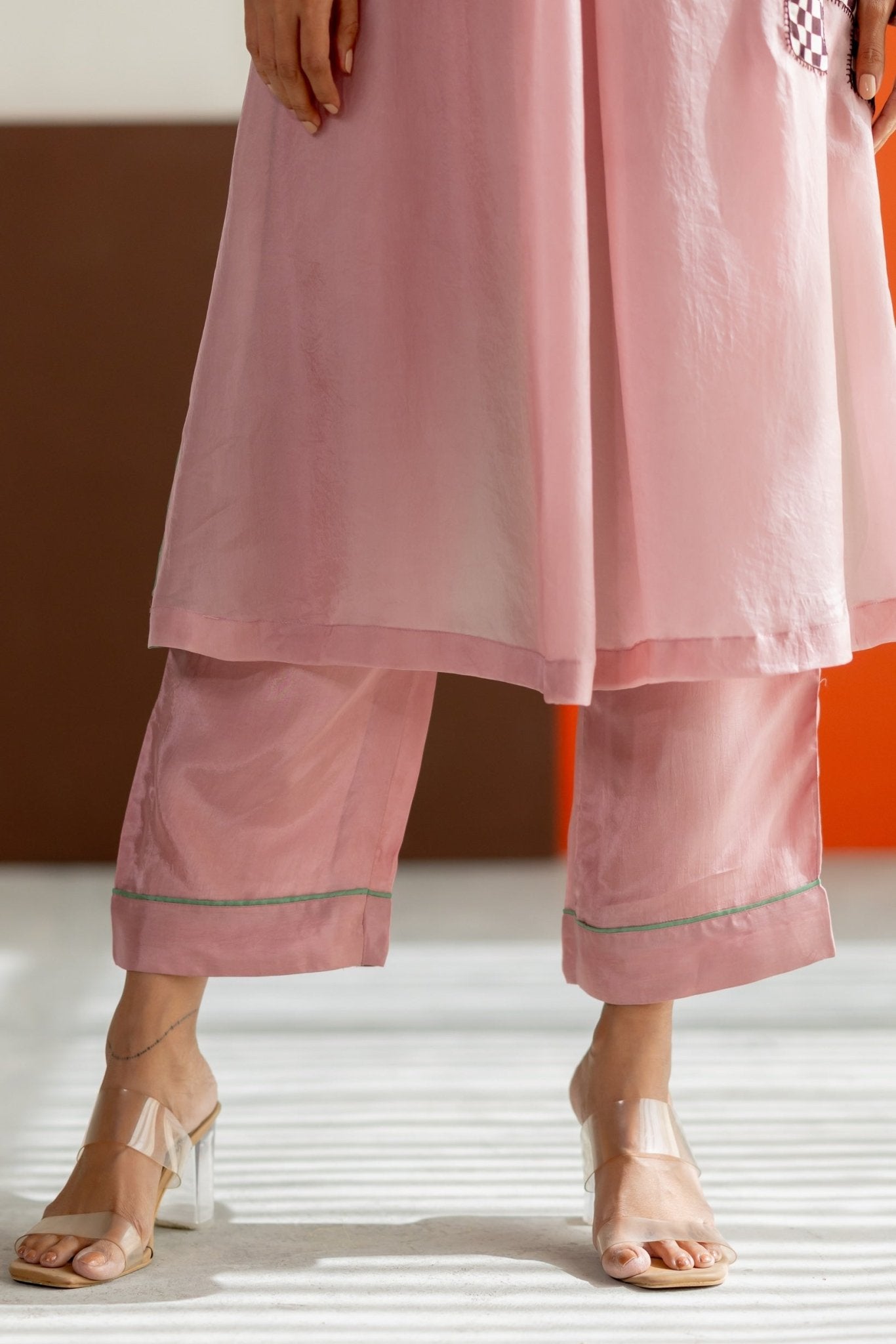 Light Pink and Sea Green Abstract Kurta Set - CiceroniKurta Set, Festive WearTussah