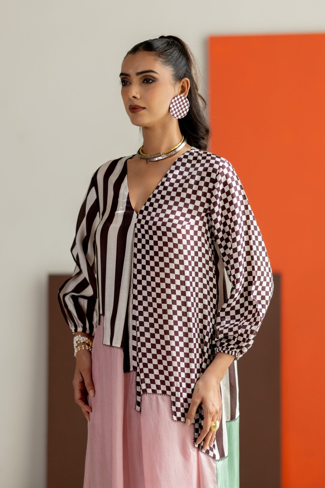 Light Pink and Sea Green Abstract Kurta Set - CiceroniKurta Set, Festive WearTussah