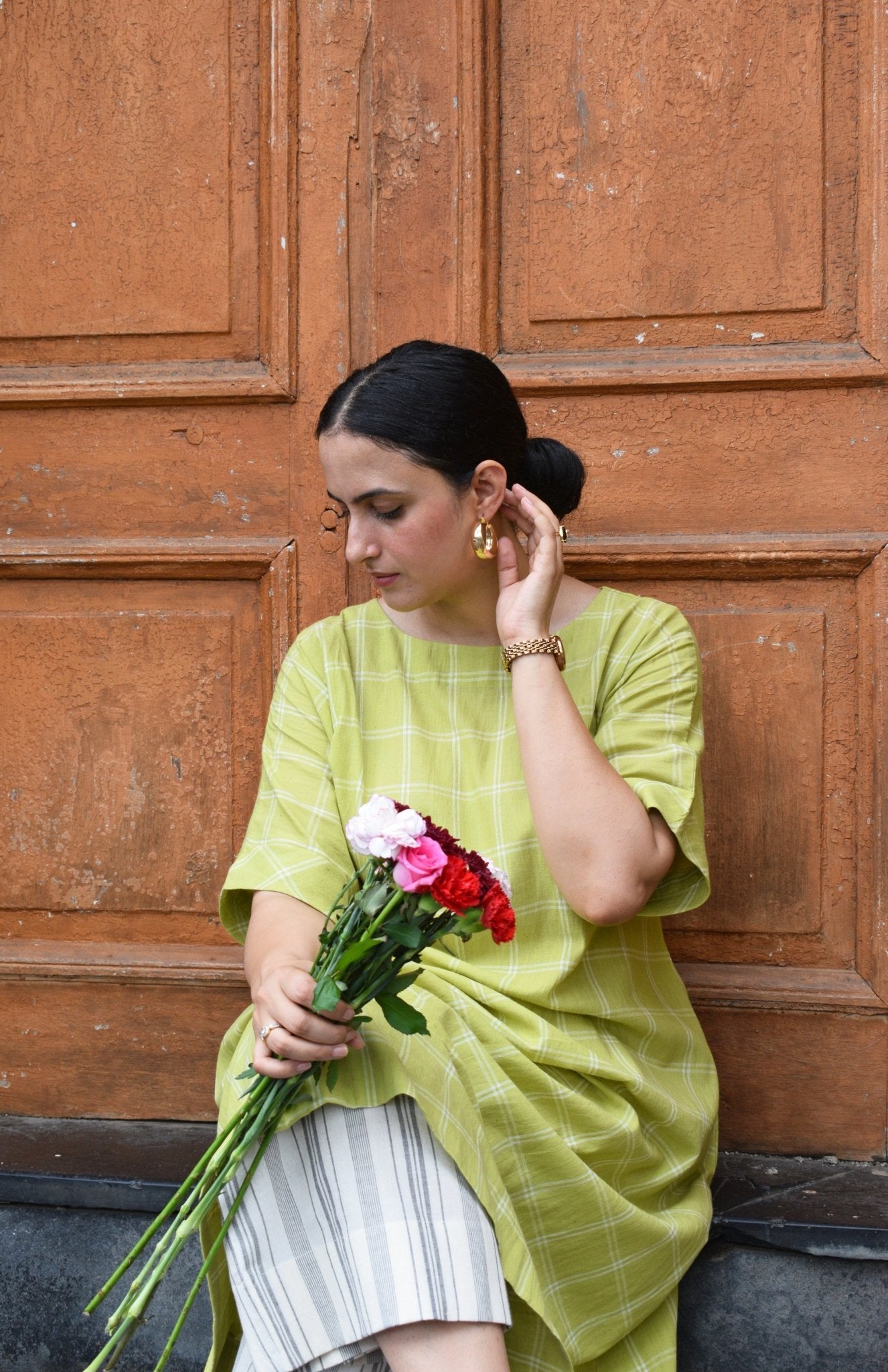 Lime Green A - Line Kurta in Handwoven Checks with Handwoven Striped Pyjama - CiceroniKurta Set, Everyday WearHouse of Moxa