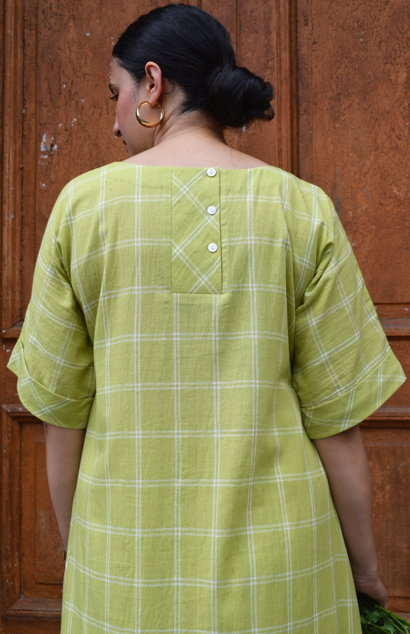 Lime Green A - Line Kurta in Handwoven Checks with Handwoven Striped Pyjama - CiceroniKurta Set, Everyday WearHouse of Moxa
