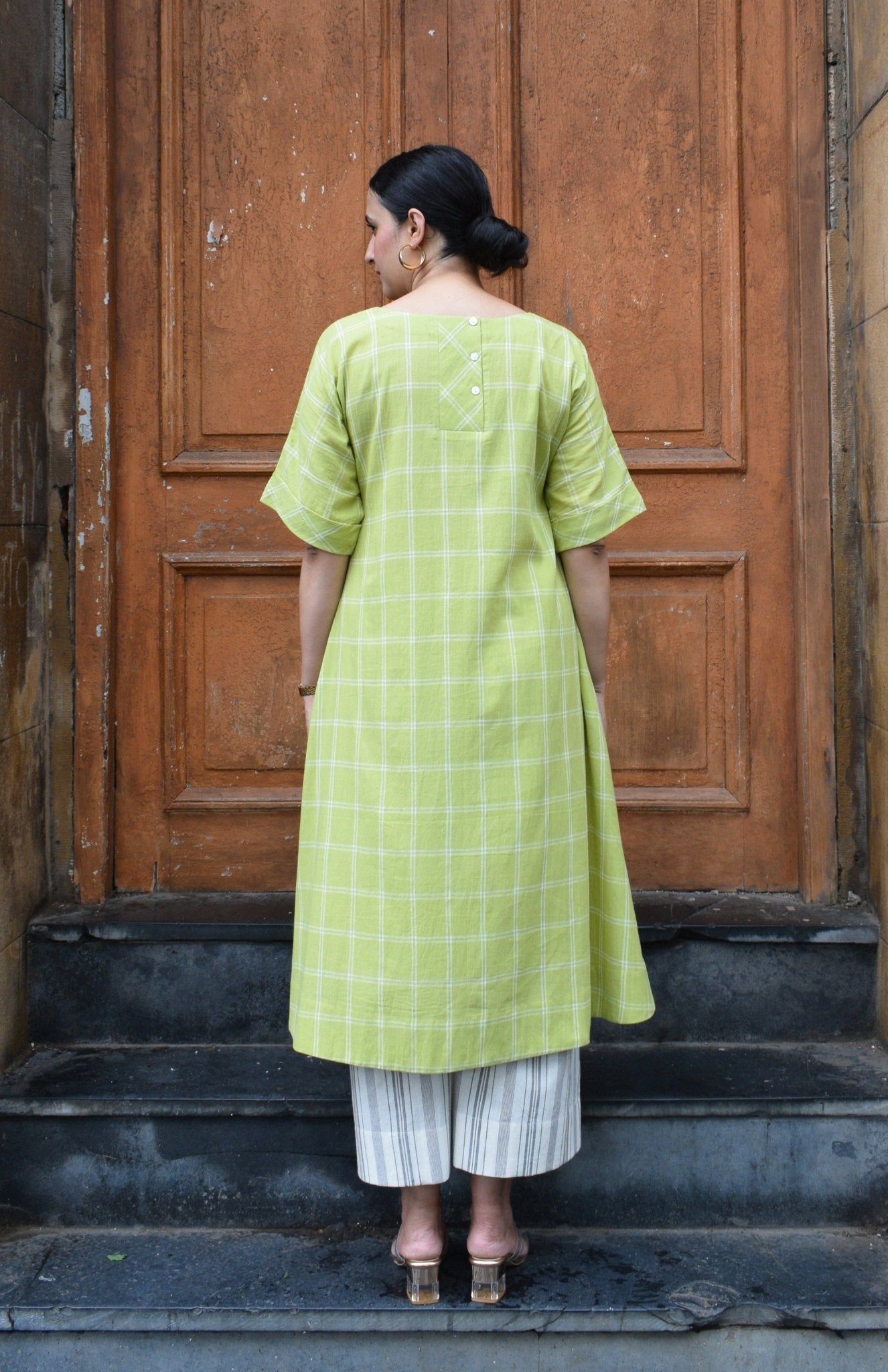 Lime Green A - Line Kurta in Handwoven Checks with Handwoven Striped Pyjama - CiceroniKurta Set, Everyday WearHouse of Moxa