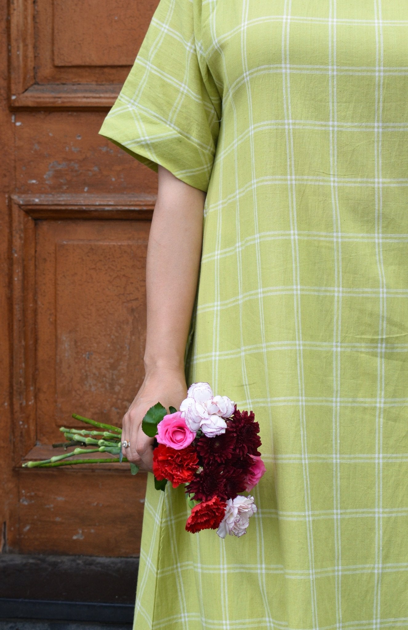 Lime Green A - Line Kurta in Handwoven Checks with Handwoven Striped Pyjama - CiceroniKurta Set, Everyday WearHouse of Moxa