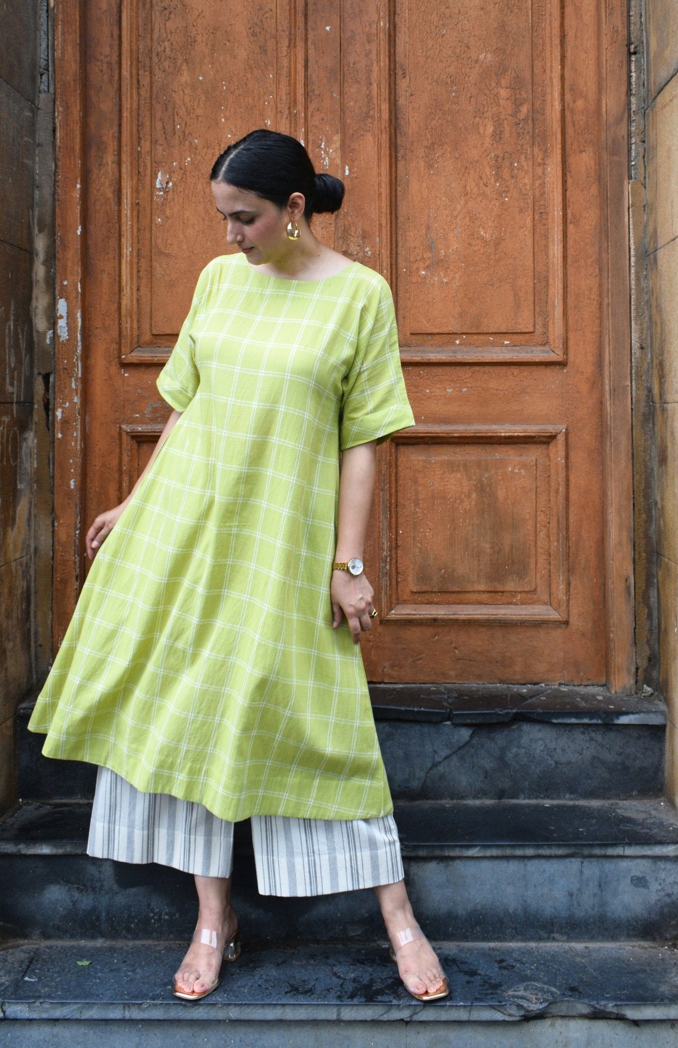 Lime Green A - Line Kurta in Handwoven Checks with Handwoven Striped Pyjama - CiceroniKurta Set, Everyday WearHouse of Moxa
