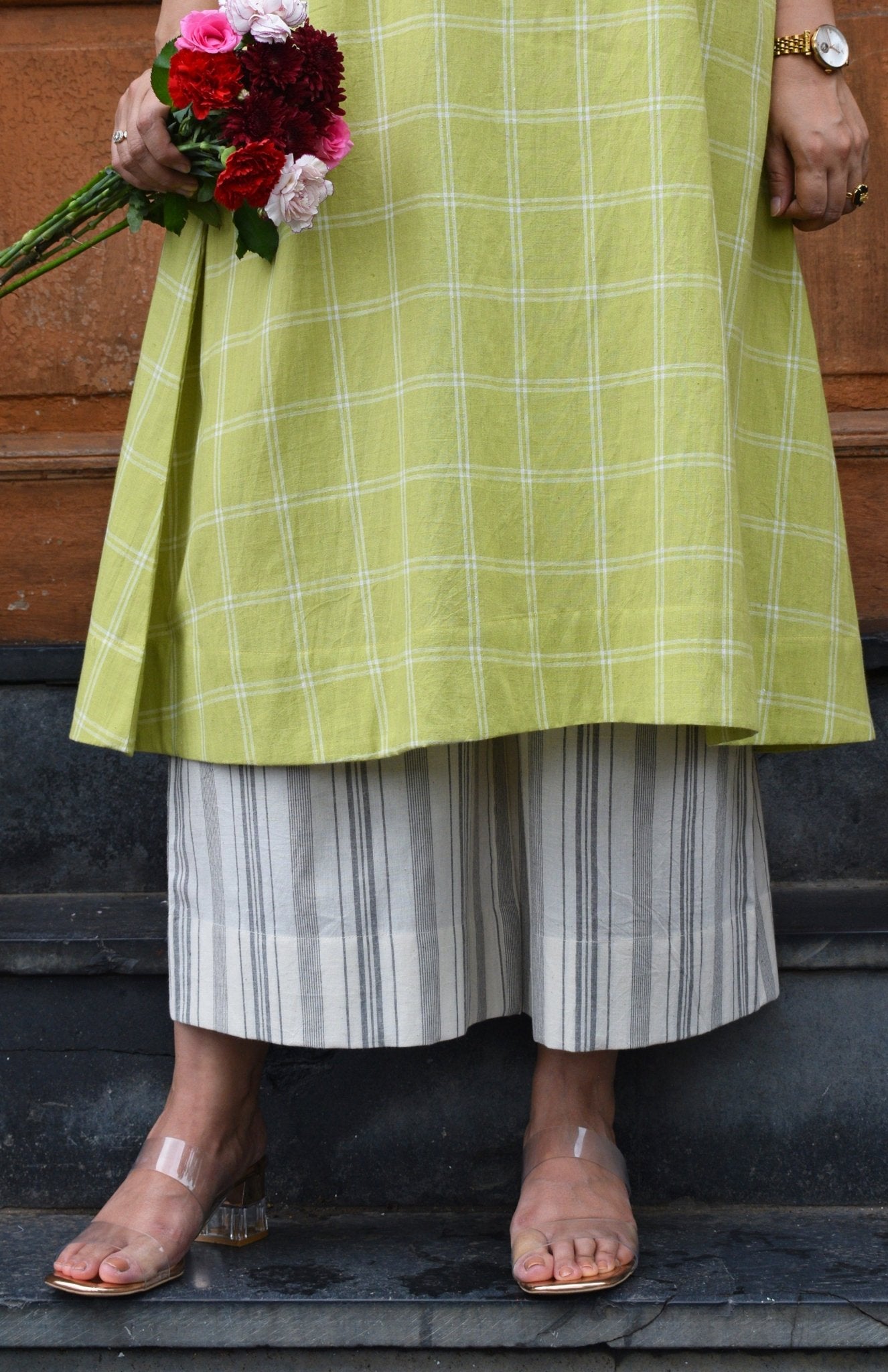 Lime Green A - Line Kurta in Handwoven Checks with Handwoven Striped Pyjama - CiceroniKurta Set, Everyday WearHouse of Moxa