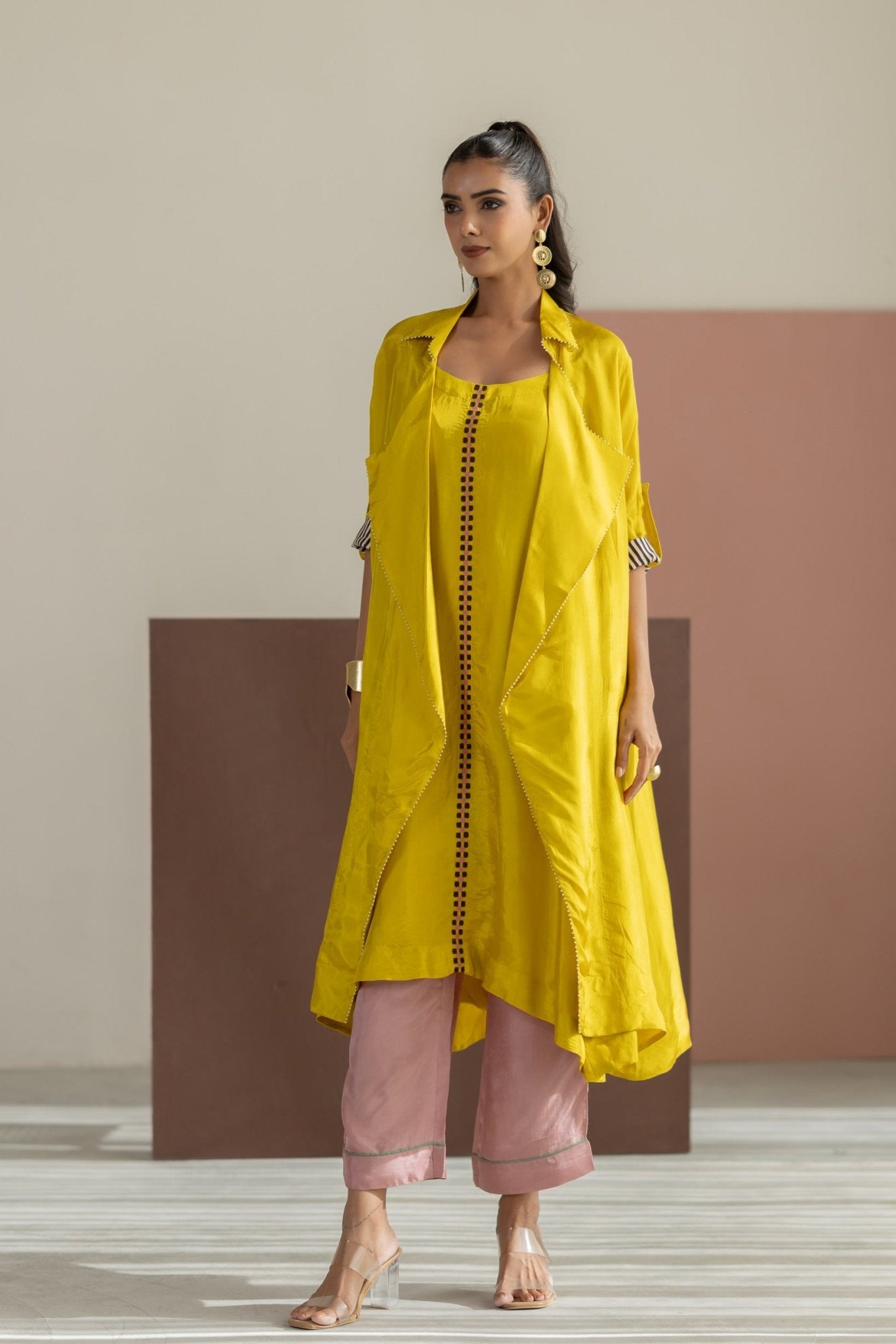 Lime Yellow Habutai Silk Jacket Set - CiceroniKurta Set, Festive WearTussah