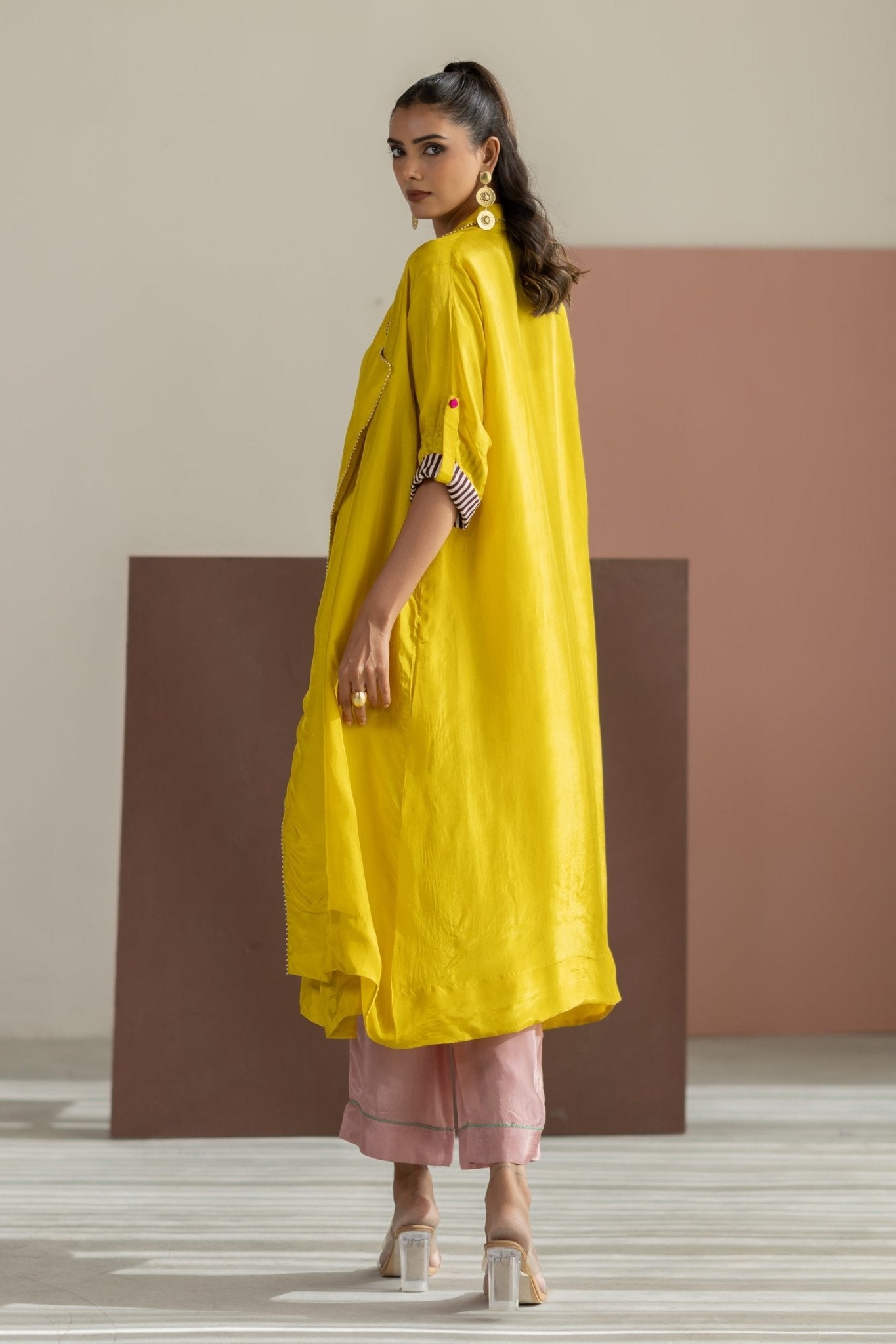 Lime Yellow Habutai Silk Jacket Set - CiceroniKurta Set, Festive WearTussah
