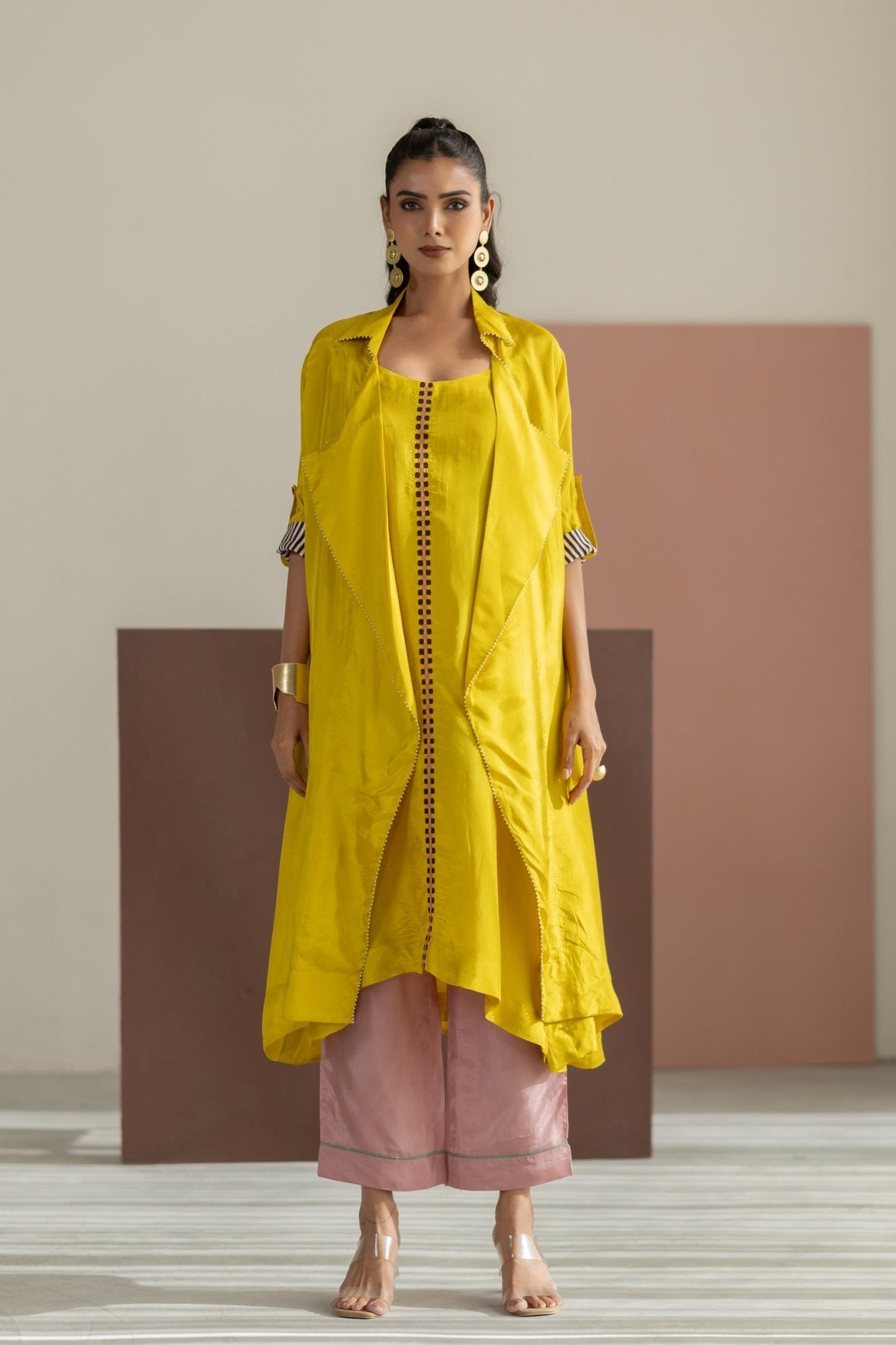 Lime Yellow Habutai Silk Jacket Set - CiceroniKurta Set, Festive WearTussah
