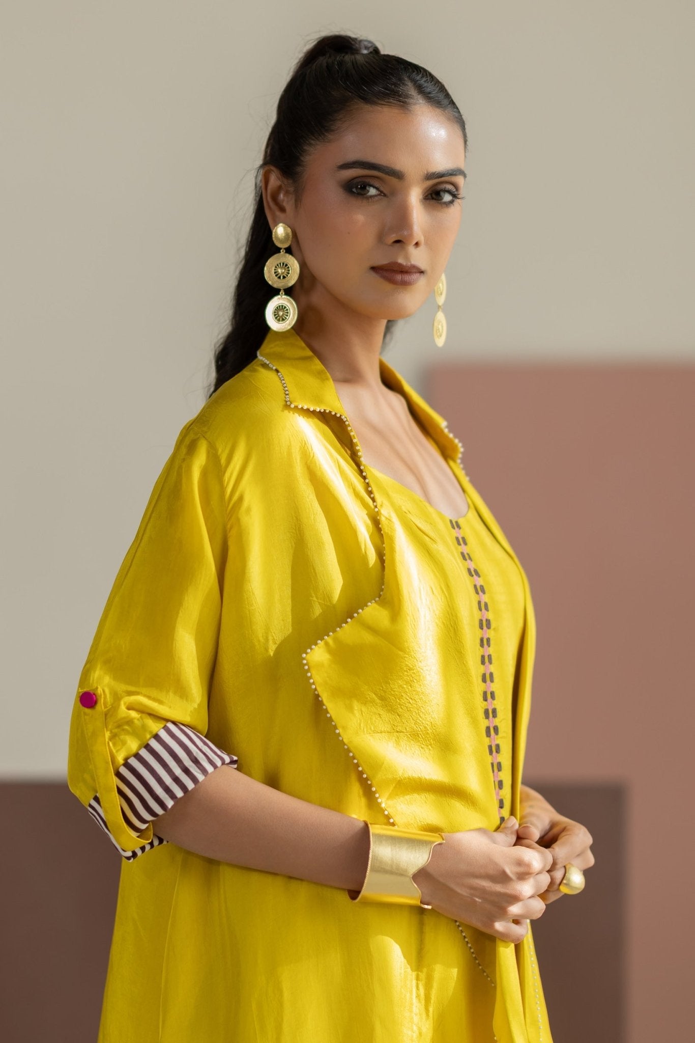 Lime Yellow Habutai Silk Jacket Set - CiceroniKurta Set, Festive WearTussah