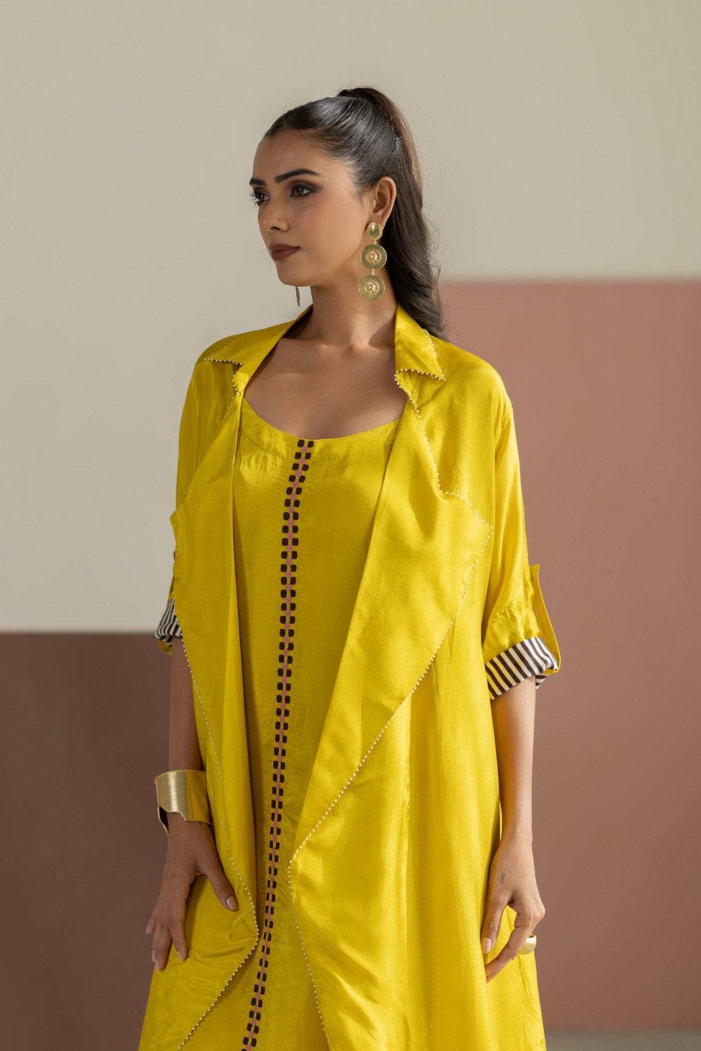 Lime Yellow Habutai Silk Jacket Set - CiceroniKurta Set, Festive WearTussah