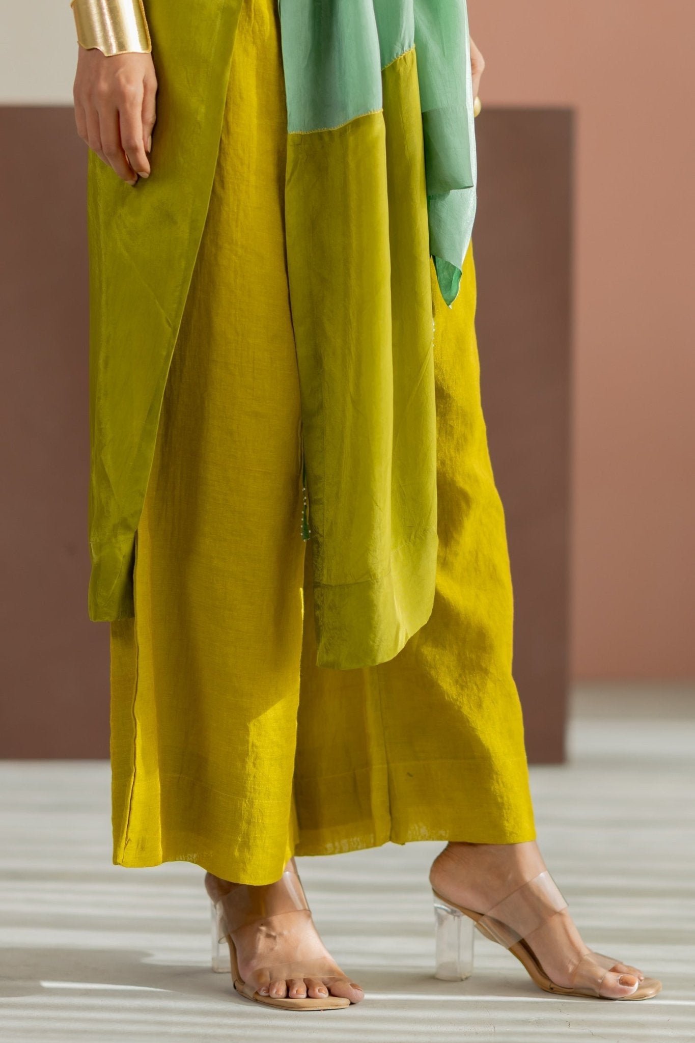 Lime Yellow & Sea Green Color Block Kaftan Set - CiceroniKurta Set, Festive WearTussah