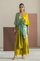 Lime Yellow & Sea Green Color Block Kaftan Set - CiceroniKurta Set, Festive WearTussah