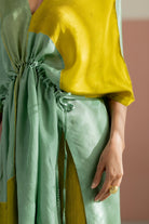 Lime Yellow & Sea Green Color Block Kaftan Set - CiceroniKurta Set, Festive WearTussah