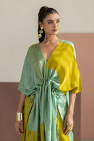 Lime Yellow & Sea Green Color Block Kaftan Set - CiceroniKurta Set, Festive WearTussah
