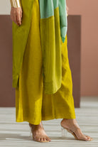 Lime Yellow & Sea Green Color Block Kaftan Set - CiceroniKurta Set, Festive WearTussah