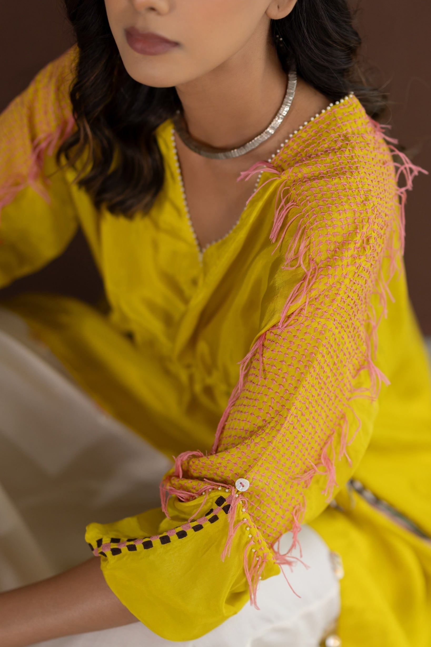 Lime Yellow Tunic Set - CiceroniKurta Set, Festive WearTussah
