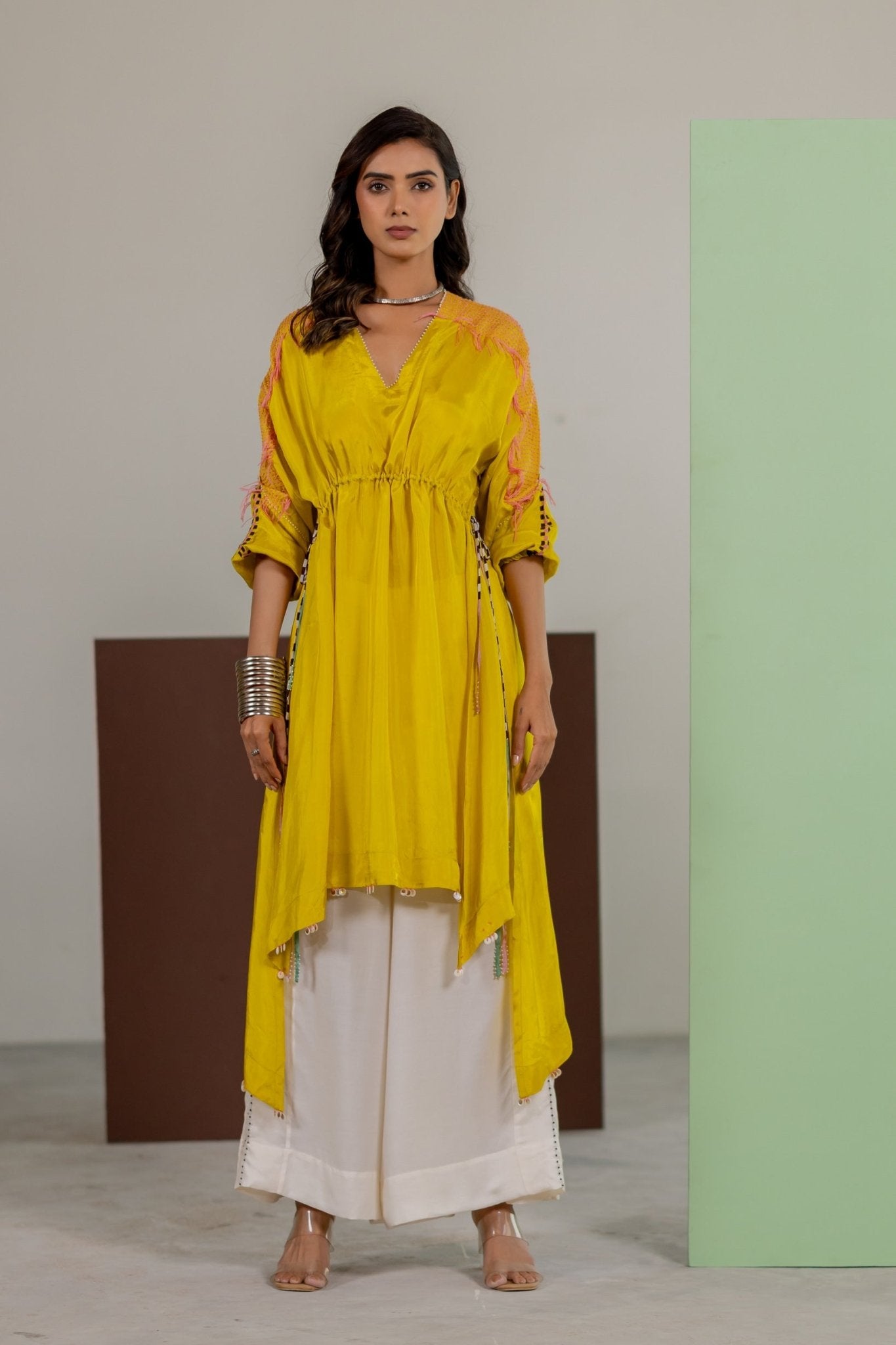 Lime Yellow Tunic Set - CiceroniKurta Set, Festive WearTussah
