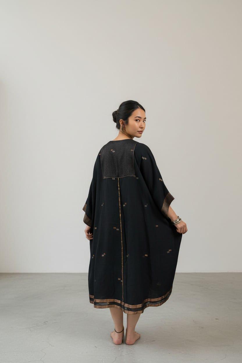 Long Zip Dress- Black Zari Lotus Jamdani - CiceroniDressesBhomra
