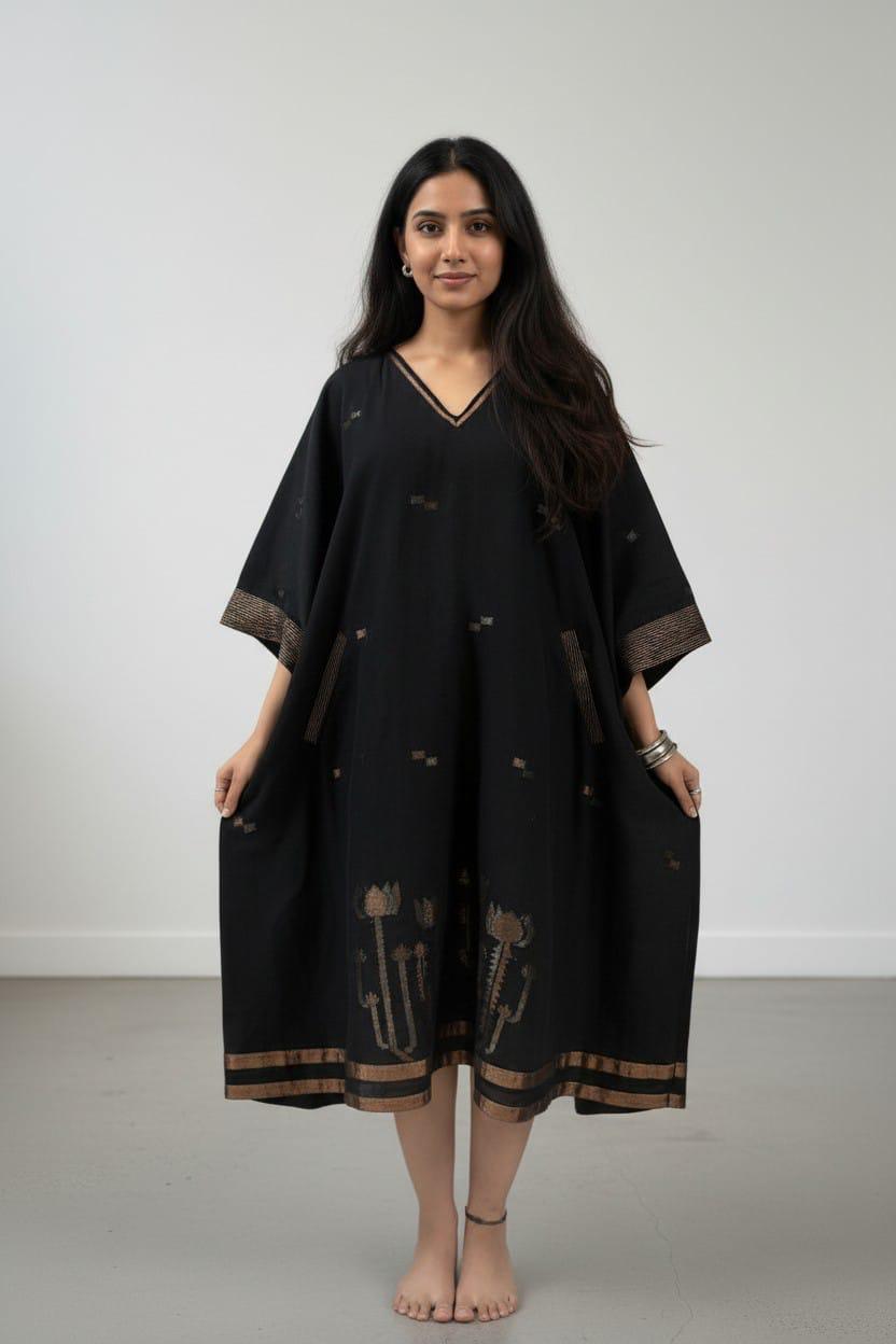 Long Zip Dress- Black Zari Lotus Jamdani - CiceroniDressesBhomra