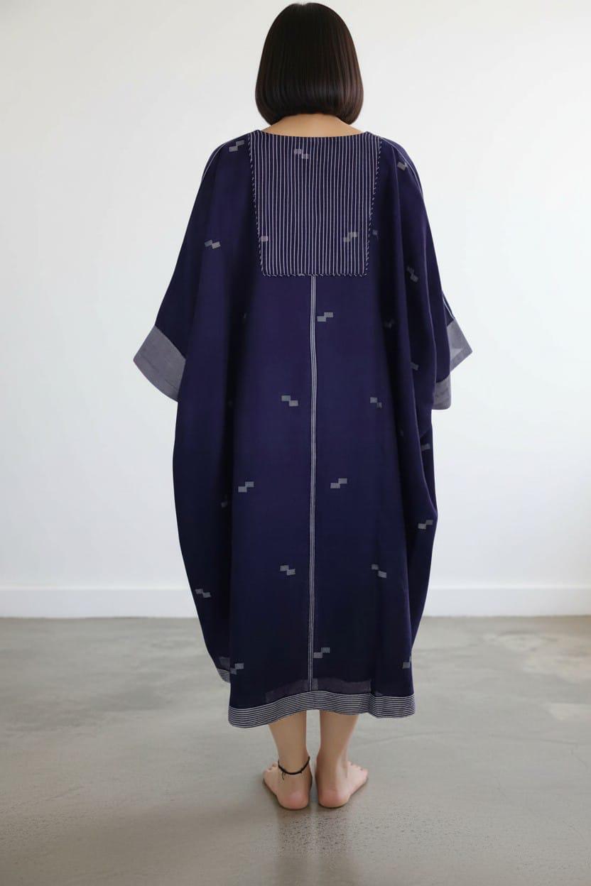 Long Zip Dress - Midnight Blue Lotus Jamdani - CiceroniDressesBhomra