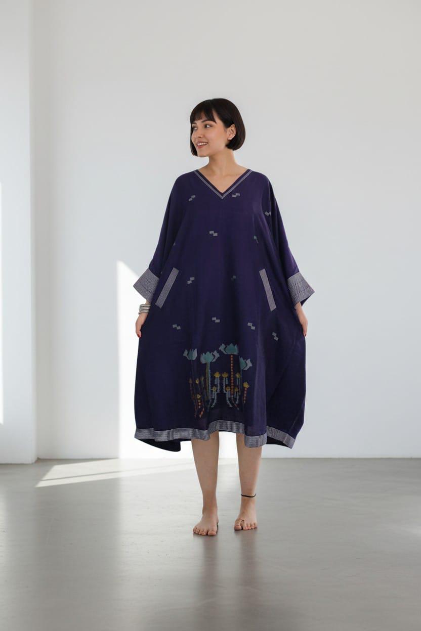 Long Zip Dress - Midnight Blue Lotus Jamdani - CiceroniDressesBhomra