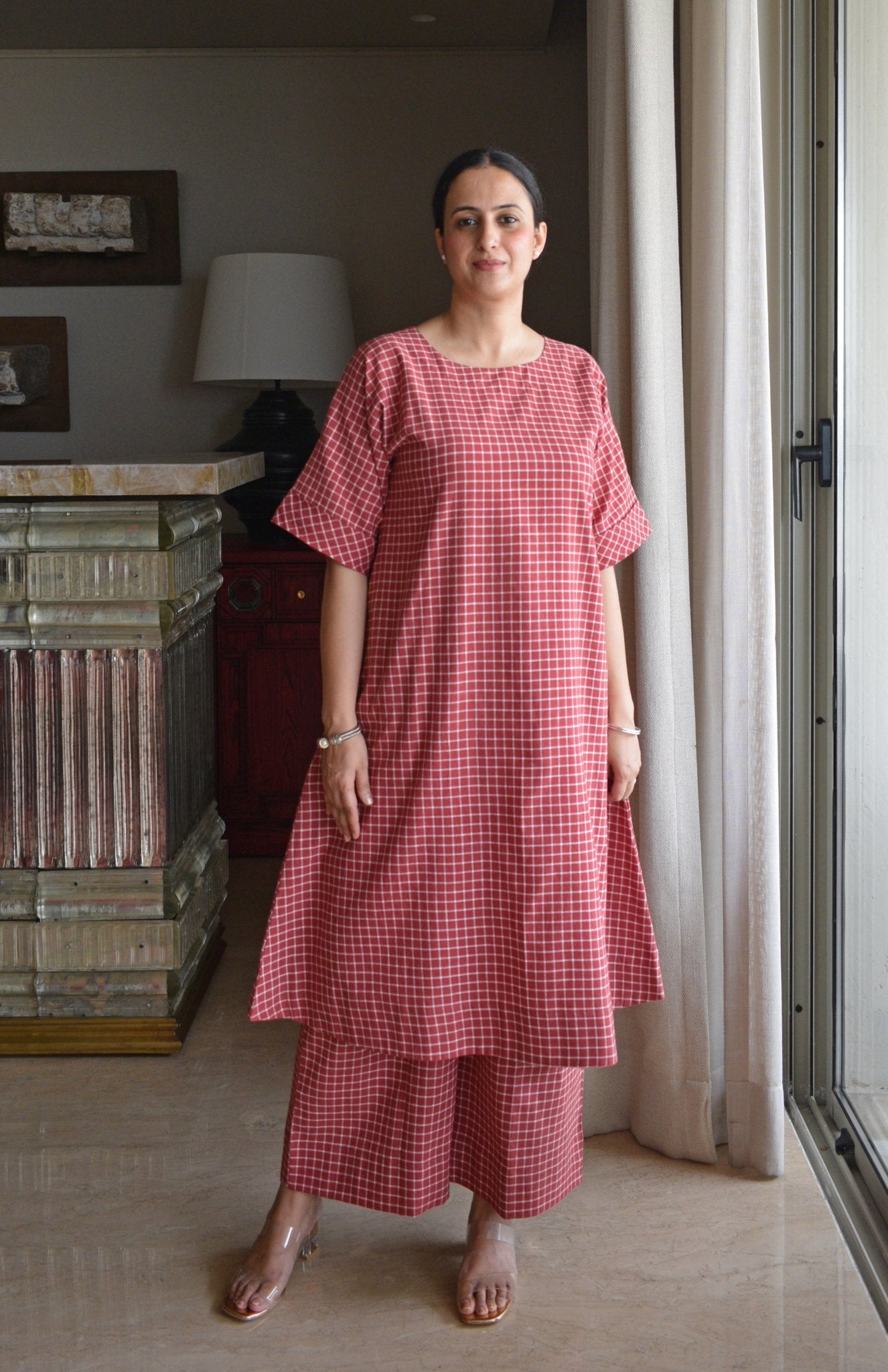 Madder Co - ord Set in Handwoven Checks - CiceroniKurta Set, Everyday WearHouse of Moxa