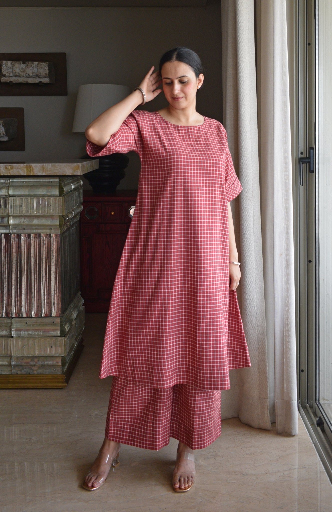 Madder Co - ord Set in Handwoven Checks - CiceroniKurta Set, Everyday WearHouse of Moxa