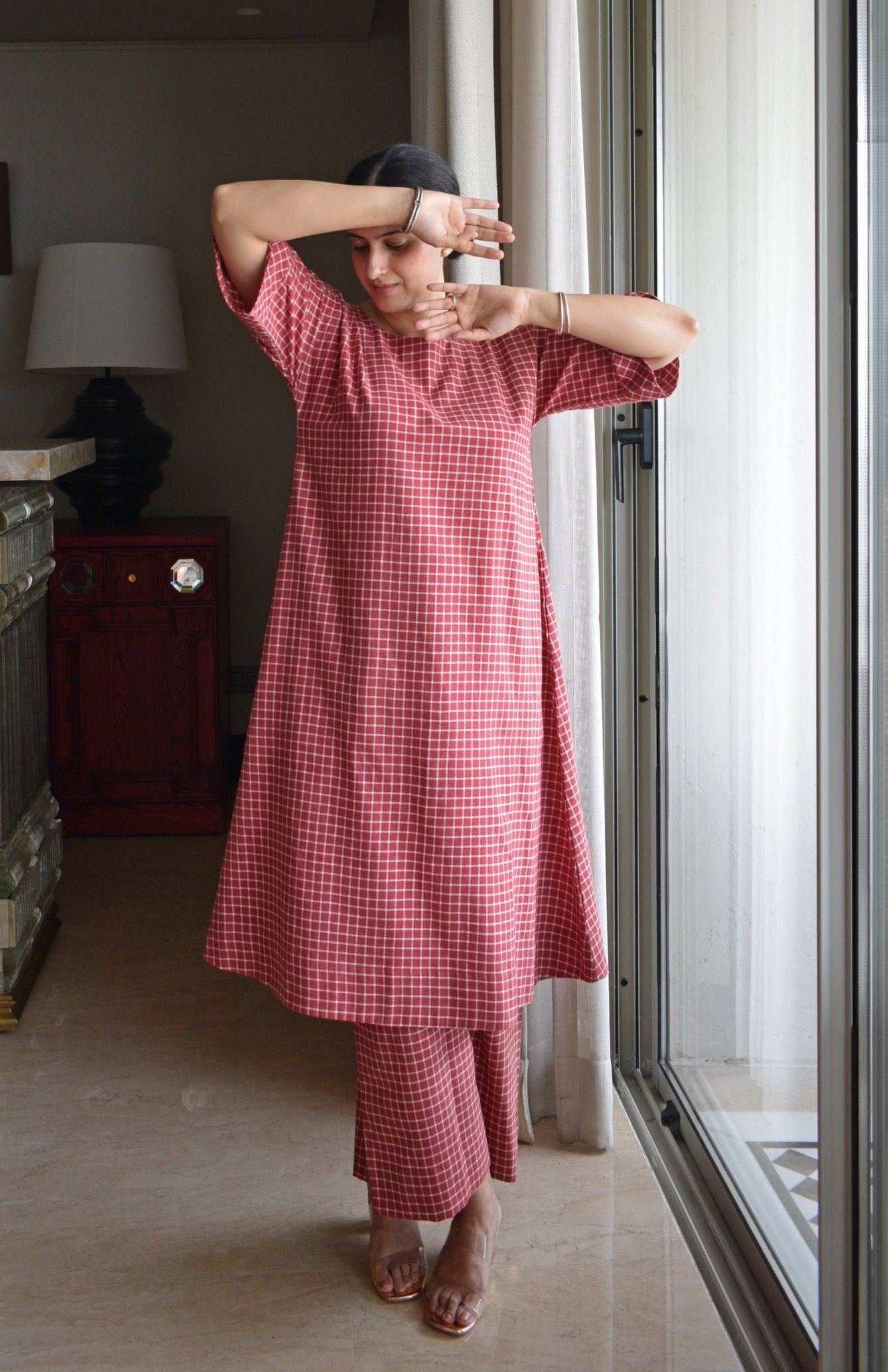 Madder Co - ord Set in Handwoven Checks - CiceroniKurta Set, Everyday WearHouse of Moxa