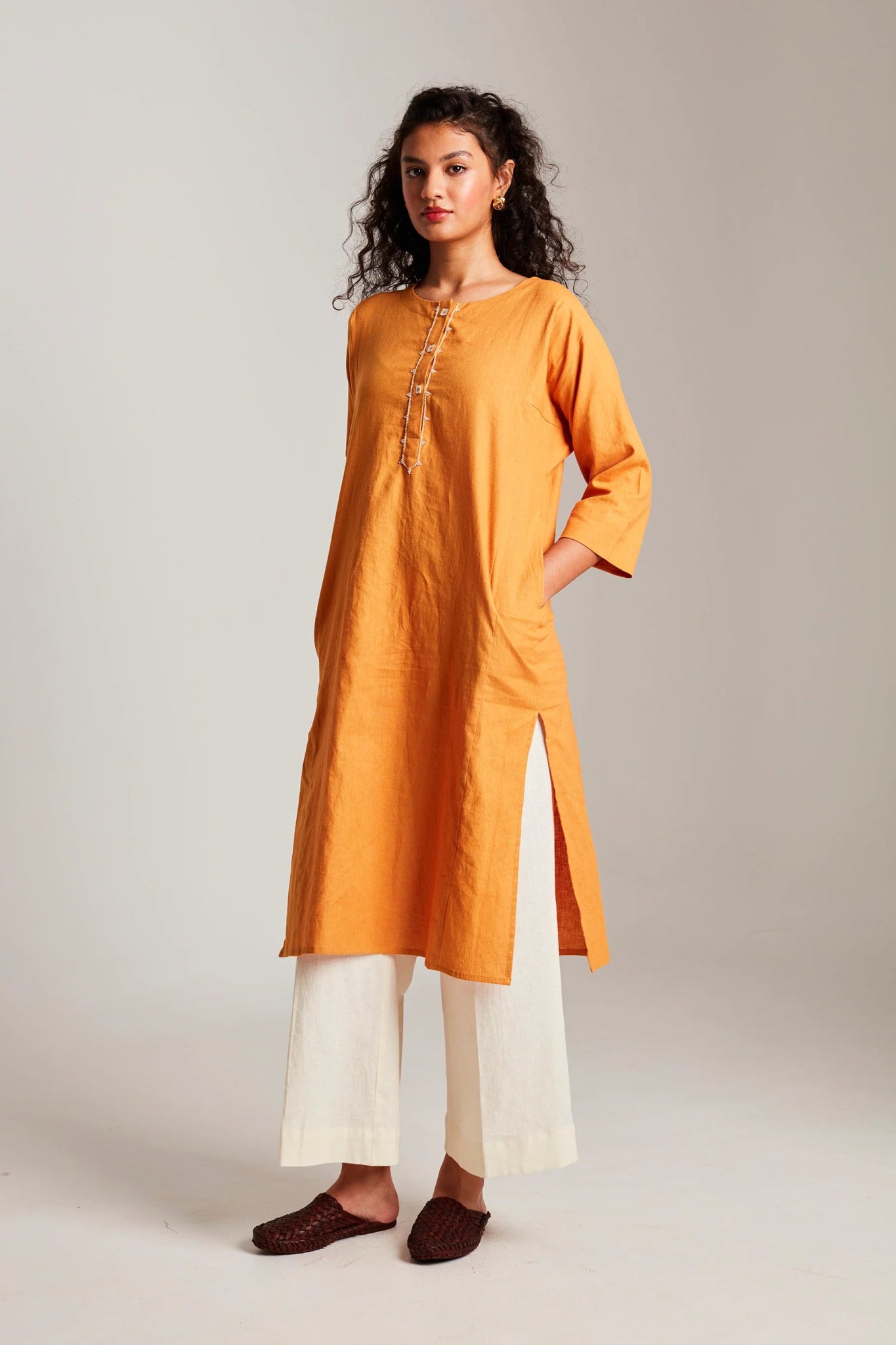 Mango Co - Linen Beaded Placket Kurta Set - CiceroniKurta SetSaphed