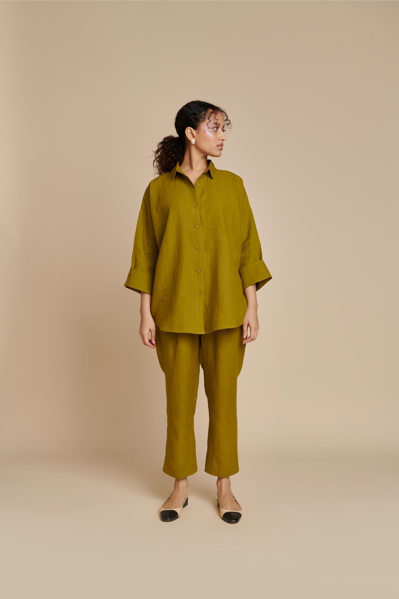 Mehendi Linen Oversized Flared Shirt Set - CiceroniCo-ord SetSaphed
