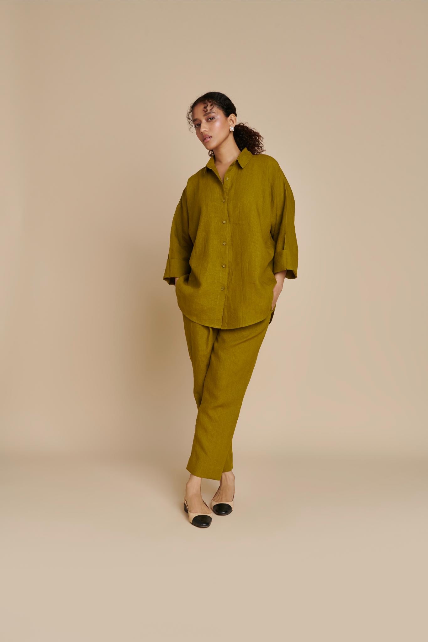 Mehendi Linen Oversized Flared Shirt Set - CiceroniCo-ord SetSaphed