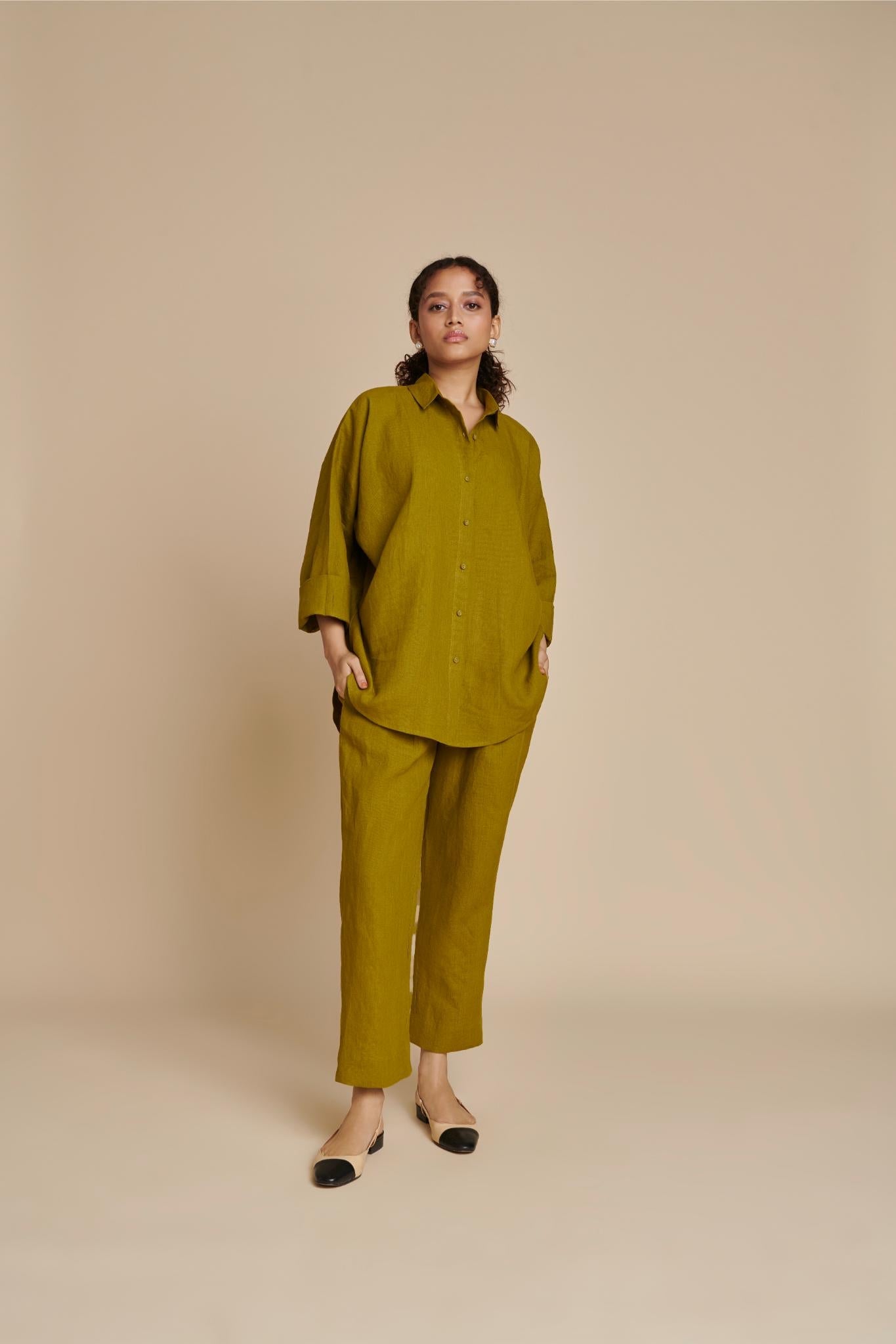 Mehendi Linen Oversized Flared Shirt Set - CiceroniCo-ord SetSaphed