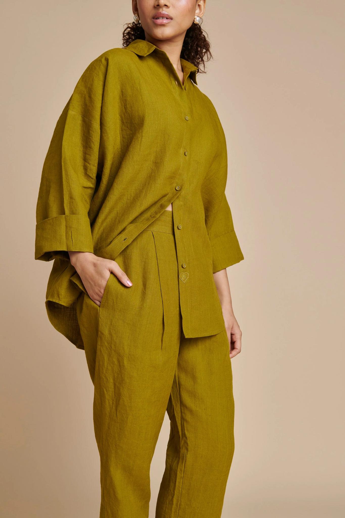 Mehendi Linen Oversized Flared Shirt Set - CiceroniCo-ord SetSaphed