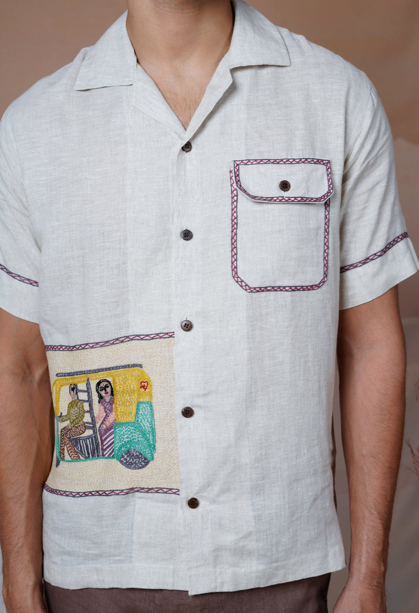 Metro Moments - Hand Embroidered Unisex Linen Shirt - CiceroniShirtsCultura Studio