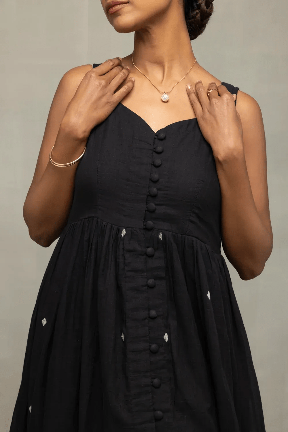 Midnight Black Handwoven Jamdani Tiered Midi Dress - CiceroniDressesSutra Art of Clothing