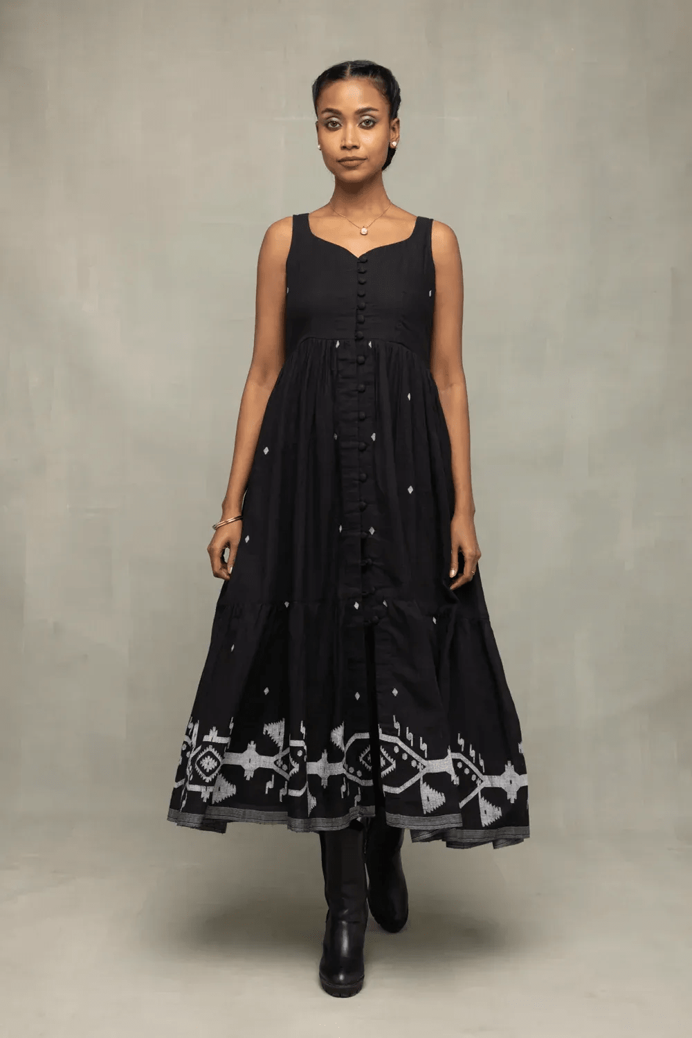 Midnight Black Handwoven Jamdani Tiered Midi Dress - CiceroniDressesSutra Art of Clothing