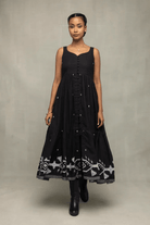 Midnight Black Handwoven Jamdani Tiered Midi Dress - CiceroniDressesSutra Art of Clothing