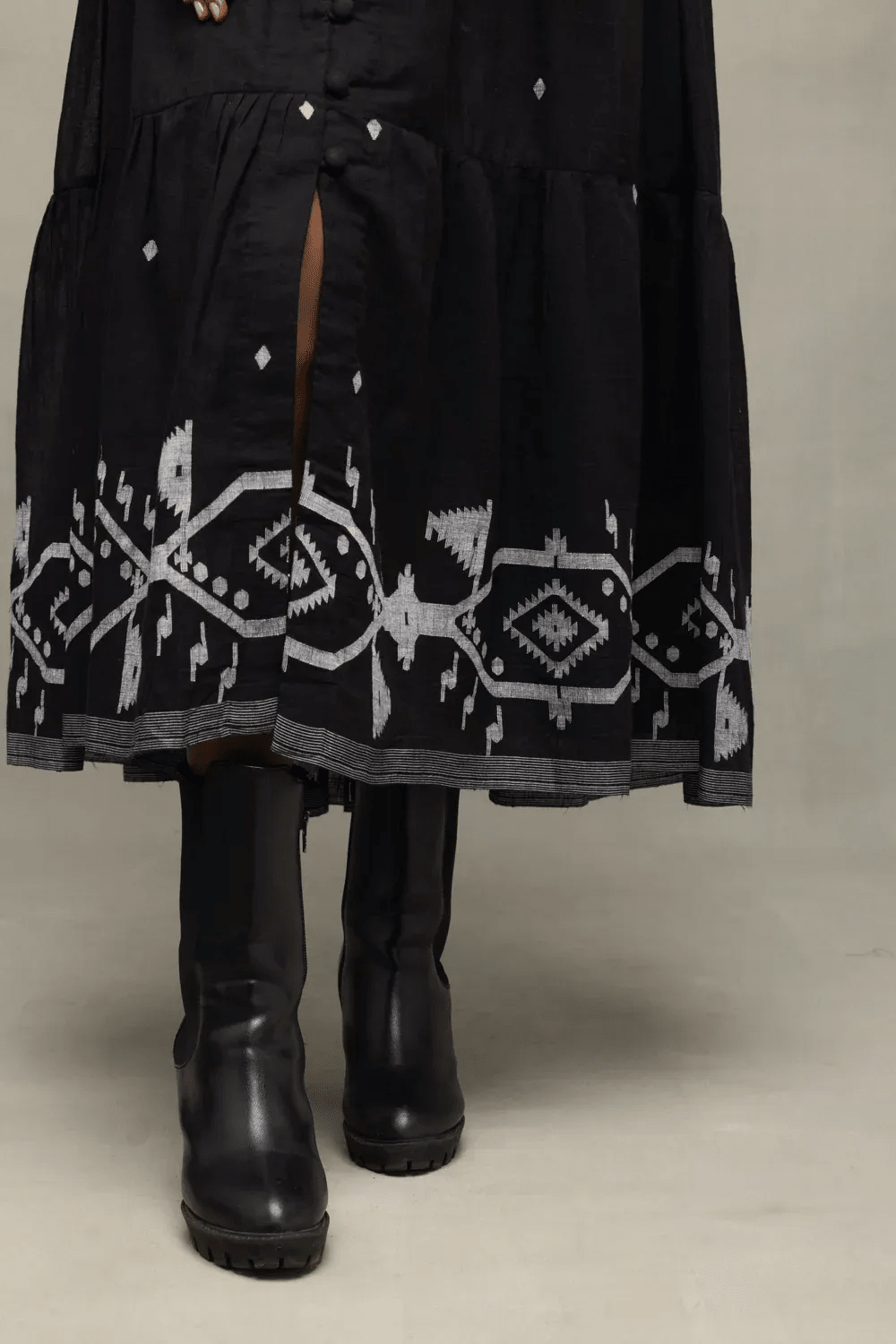 Midnight Black Handwoven Jamdani Tiered Midi Dress - CiceroniDressesSutra Art of Clothing