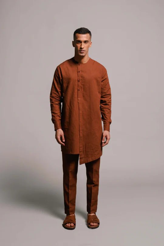 Mocha Co - Linen Men's Side Open Kurta Set - CiceroniKurta Set, Festive WearSaphed