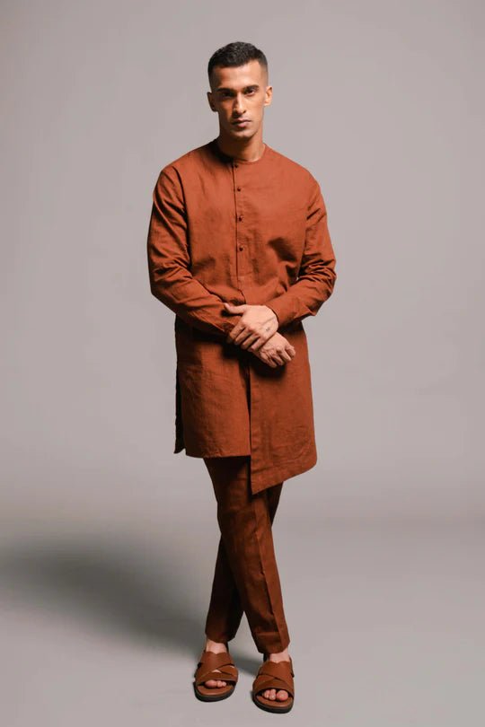 Mocha Co - Linen Men's Side Open Kurta Set - CiceroniKurta Set, Festive WearSaphed