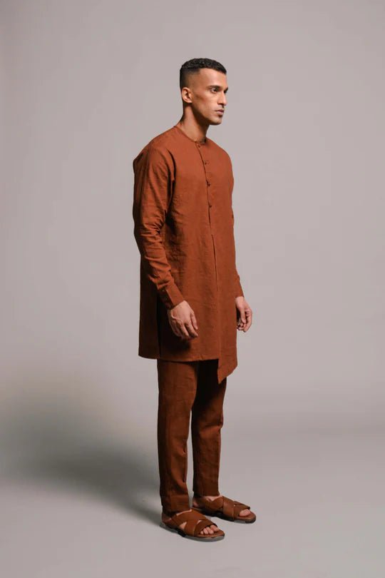 Mocha Co - Linen Men's Side Open Kurta Set - CiceroniKurta Set, Festive WearSaphed