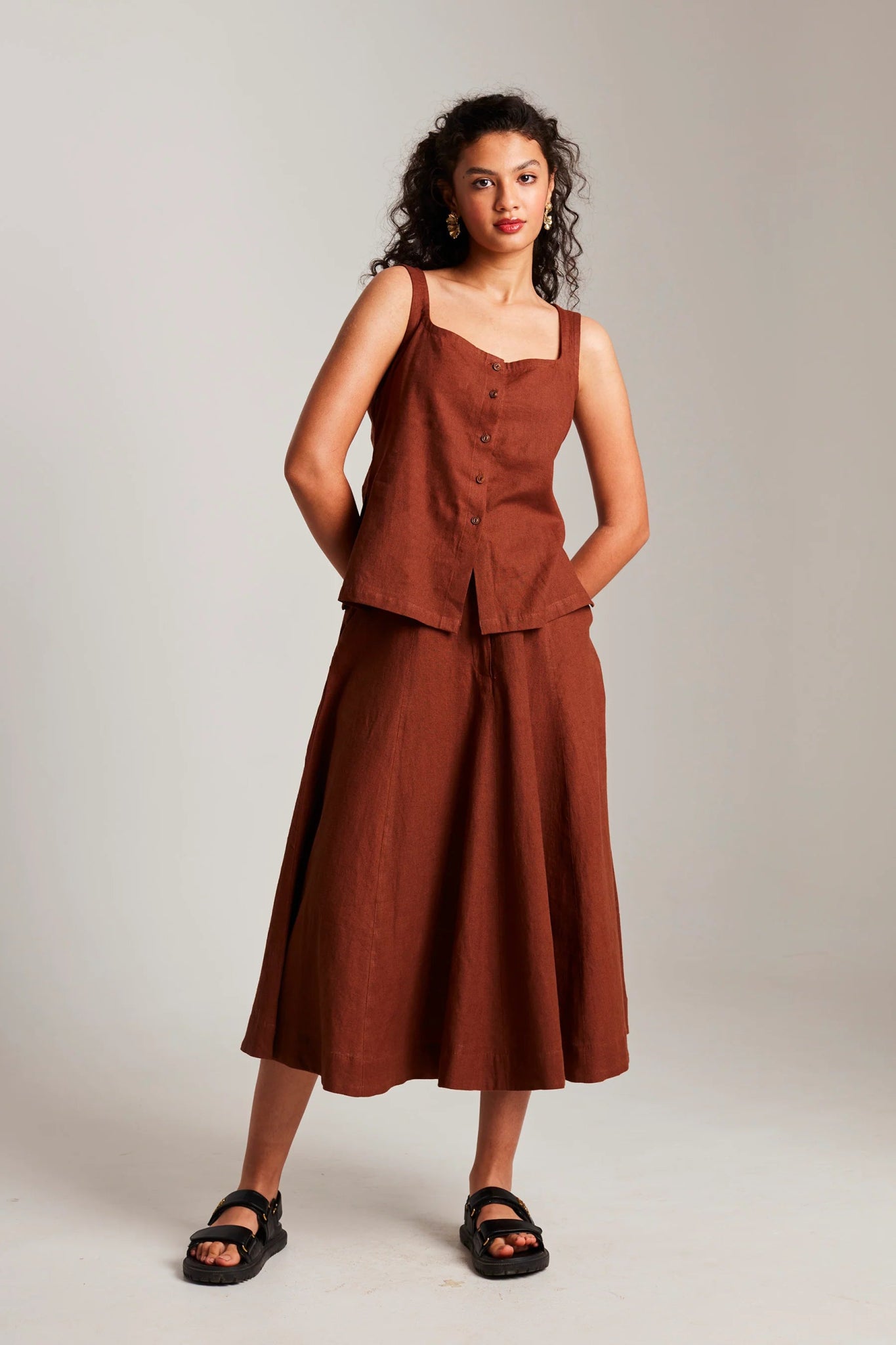 Mocha Co - Linen Side Slit Top & Skirt Set - CiceroniSkirt SetSaphed