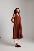 Mocha Co - Linen Sleeveless Flared Kurta Set - CiceroniKurta SetSaphed