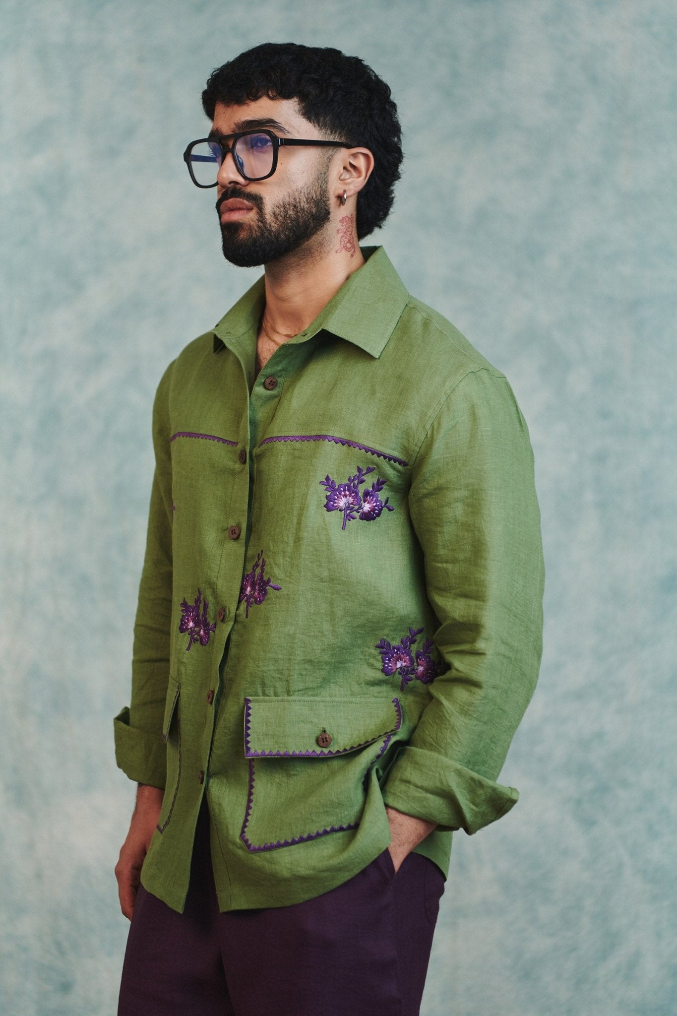 Moss Linen Embroidered Men's Overshirt - CiceroniMen ShirtsSaphed