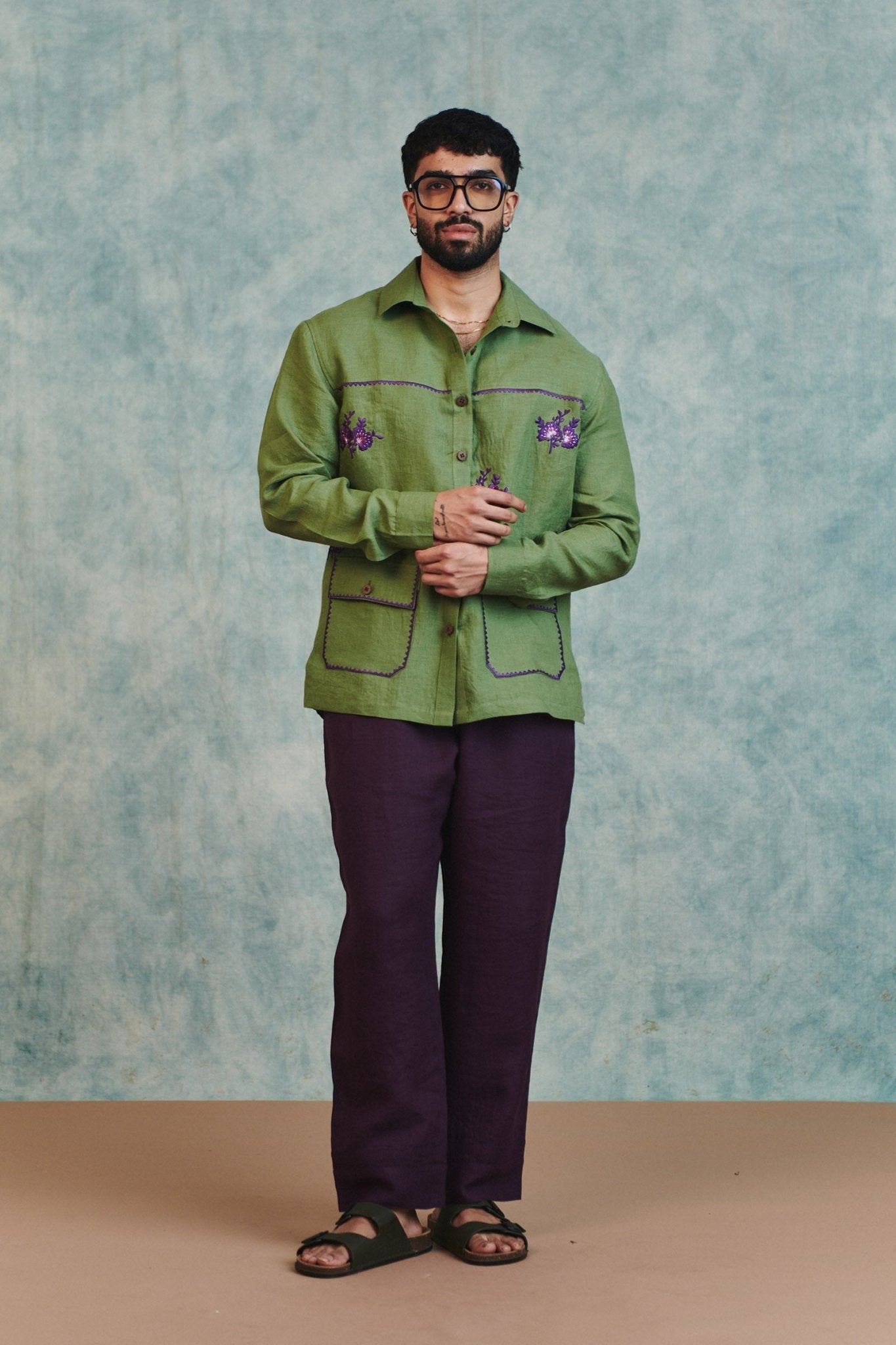 Moss Linen Embroidered Men's Overshirt - CiceroniMen ShirtsSaphed