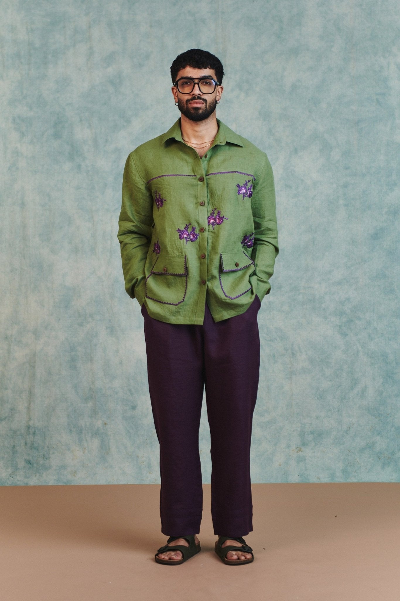 Moss Linen Embroidered Men's Overshirt - CiceroniMen ShirtsSaphed